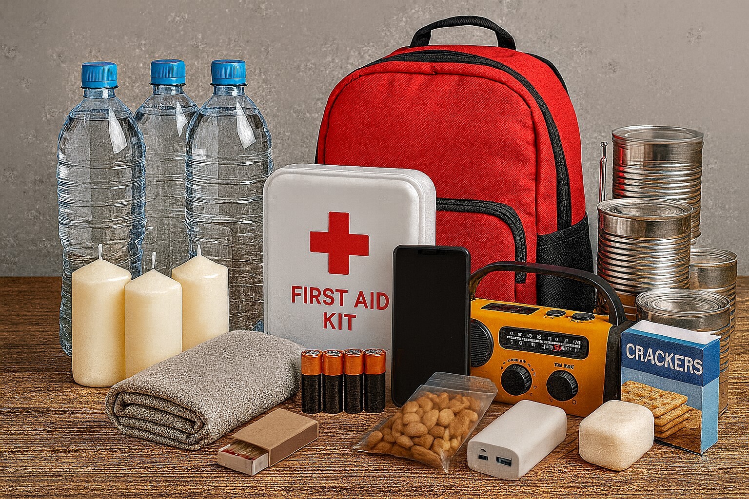 Noodpakket bestaande uit: water, kaarsen, deken, lucifers, batterijen, telefoon, voedsel dat houdbaar is, powerbank, ehbo-kit, radio op batterijen.